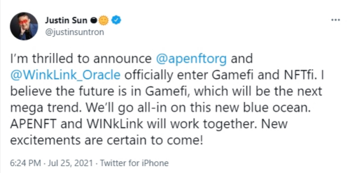 孙宇晨再落一子，APENFT和WINkLink要携手布局GameFi了？