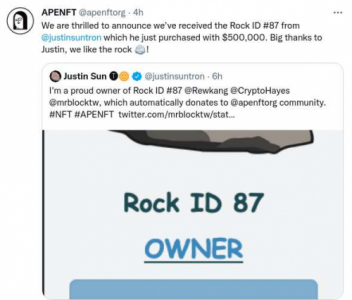 石头NFT再掀风潮，孙宇晨50万美元拍下《ROCK ID 87》